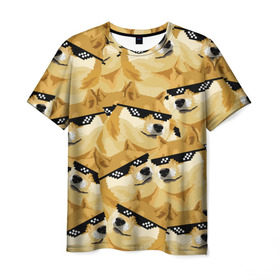 Мужская футболка 3D с принтом Doge мем в deal with it очках в Рязани, 100% полиэфир | прямой крой, круглый вырез горловины, длина до линии бедер | deal with it очки | doge | meme | мем | мемы | сиба ину | сиба ину мем