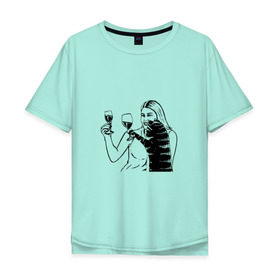 Мужская футболка хлопок Oversize с принтом Котик и Вино в Рязани, 100% хлопок | свободный крой, круглый ворот, “спинка” длиннее передней части | Тематика изображения на принте: винчик | выпьем за любовь | женщина | кот