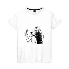 Женская футболка хлопок с принтом Котик и Вино в Рязани, 100% хлопок | прямой крой, круглый вырез горловины, длина до линии бедер, слегка спущенное плечо | Тематика изображения на принте: винчик | выпьем за любовь | женщина | кот
