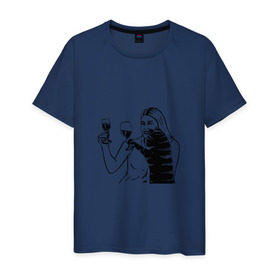 Мужская футболка хлопок с принтом Котик и Вино в Рязани, 100% хлопок | прямой крой, круглый вырез горловины, длина до линии бедер, слегка спущенное плечо. | Тематика изображения на принте: винчик | выпьем за любовь | женщина | кот