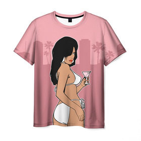 Мужская футболка 3D с принтом GTA VC - Девушка с мартини в Рязани, 100% полиэфир | прямой крой, круглый вырез горловины, длина до линии бедер | grand theft auto | gta | rockstar games | vc | vice city | вайс сити | гта