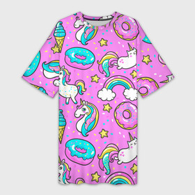 Платье-футболка 3D с принтом Котики и Единороги в Рязани,  |  | единорог | мороженое | пони | пончики | радуга | розовый