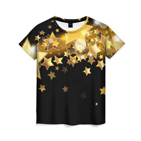 Женская футболка 3D с принтом Золотые звездочки в Рязани, 100% полиэфир ( синтетическое хлопкоподобное полотно) | прямой крой, круглый вырез горловины, длина до линии бедер | 3d | звездочки | звезды | золото | золотые звездочки | картинка | черный фон
