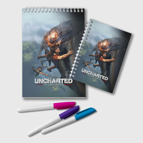 Блокнот с принтом Uncharted в Рязани, 100% бумага | 48 листов, плотность листов — 60 г/м2, плотность картонной обложки — 250 г/м2. Листы скреплены удобной пружинной спиралью. Цвет линий — светло-серый
 | chloe | drake | elena | nathan | naughty dog | sully | анчартед | дрейк | натан | нейтан | ноти дог | пиратs | приключения | путь вора | салли | утраченное наследие