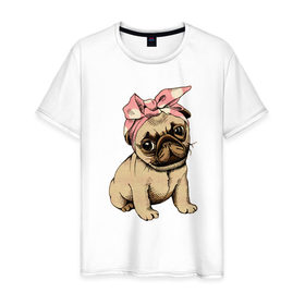 Мужская футболка хлопок с принтом Мопсик девочка в Рязани, 100% хлопок | прямой крой, круглый вырез горловины, длина до линии бедер, слегка спущенное плечо. | Тематика изображения на принте: мопс | собака