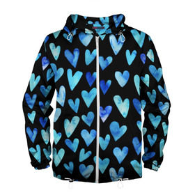 Мужская ветровка 3D с принтом Blue Hearts в Рязани, 100% полиэстер | подол и капюшон оформлены резинкой с фиксаторами, два кармана без застежек по бокам, один потайной карман на груди | акварель | любовь | паттерн | сердечки