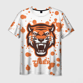 Мужская футболка 3D с принтом Огненный тигр в Рязани, 100% полиэфир | прямой крой, круглый вырез горловины, длина до линии бедер | дикий | желтый | зверь | злой | лес | охотник | стая | тигр | узор | хищник | черный | шерсть