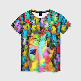 Женская футболка 3D с принтом Котики на дискотеке в Рязани, 100% полиэфир ( синтетическое хлопкоподобное полотно) | прямой крой, круглый вырез горловины, длина до линии бедер | Тематика изображения на принте: кошки | паттерн | психоделика | разноцветный | яркий
