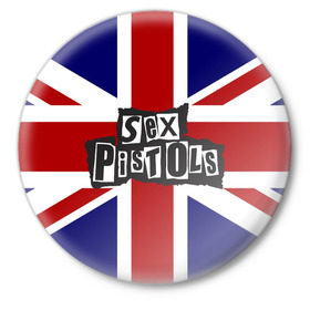 Значок с принтом Sex Pistols в Рязани,  металл | круглая форма, металлическая застежка в виде булавки | Тематика изображения на принте: англия | британия | панк | флаг