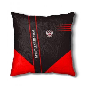 Подушка 3D с принтом Wrestler в Рязани, наволочка – 100% полиэстер, наполнитель – холлофайбер (легкий наполнитель, не вызывает аллергию). | состоит из подушки и наволочки. Наволочка на молнии, легко снимается для стирки | борец | борьба | геометрия | красный | россия | рф | черный