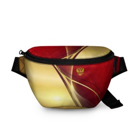 Поясная сумка 3D с принтом RUSSIA SPORT: Red and Gold. в Рязани, 100% полиэстер | плотная ткань, ремень с регулируемой длиной, внутри несколько карманов для мелочей, основное отделение и карман с обратной стороны сумки застегиваются на молнию | abstract | design | geometry | hexagon | red and black | russia | sport | texture | абстракция | геометрия | герб | дизайн | патриот | патриотизм | россия | русский | соты | спорт | текстура | шестиугольники