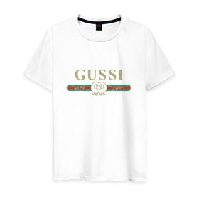 Мужская футболка хлопок с принтом Gussi в Рязани, 100% хлопок | прямой крой, круглый вырез горловины, длина до линии бедер, слегка спущенное плечо. | ga ga ga | gang | gucci | guchi | guci | gusi | gussi | га га га | гуси | гусси | гучи | гуччи | модный гусь