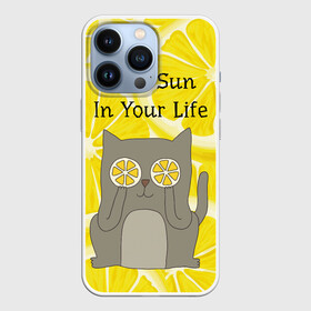 Чехол для iPhone 13 Pro с принтом More Sun In Your Life в Рязани,  |  | cat | kitty | lemon | lemonade | limon | pussycat | summer | жара | желтый | кот | котенок | котики | котэ | кошка | лемон | лемонад | лето | лимон | лимонад | позитив | серый | сок | солнце | сочный | фрукт | цитрус | черный | яркий