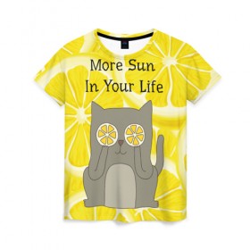 Женская футболка 3D с принтом More Sun In Your Life в Рязани, 100% полиэфир ( синтетическое хлопкоподобное полотно) | прямой крой, круглый вырез горловины, длина до линии бедер | cat | kitty | lemon | lemonade | limon | pussycat | summer | жара | желтый | кот | котенок | котики | котэ | кошка | лемон | лемонад | лето | лимон | лимонад | позитив | серый | сок | солнце | сочный | фрукт | цитрус | черный | яркий