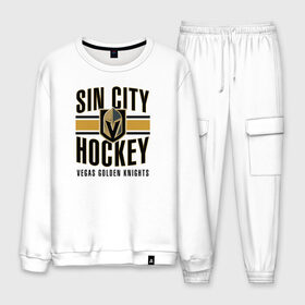 Мужской костюм хлопок с принтом Sin City Hockey в Рязани, 100% хлопок | на свитшоте круглая горловина, мягкая резинка по низу. Брюки заужены к низу, на них два вида карманов: два “обычных” по бокам и два объемных, с клапанами, расположенные ниже линии бедра. Брюки с мягкой трикотажной резинкой на поясе и по низу штанин. В поясе для дополнительного комфорта — широкие завязки | Тематика изображения на принте: nhl | stanley cup | vegas golden knights | vegas knights | вегас голден найтс | вегас найтс | кубок стенли | кубок стэнли | нхл | хоккей | хоккейный клуб