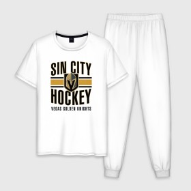 Мужская пижама хлопок с принтом Sin City Hockey в Рязани, 100% хлопок | брюки и футболка прямого кроя, без карманов, на брюках мягкая резинка на поясе и по низу штанин
 | Тематика изображения на принте: nhl | stanley cup | vegas golden knights | vegas knights | вегас голден найтс | вегас найтс | кубок стенли | кубок стэнли | нхл | хоккей | хоккейный клуб