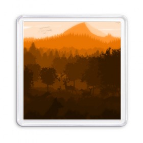 Магнит 55*55 с принтом Firewatch в Рязани, Пластик | Размер: 65*65 мм; Размер печати: 55*55 мм | art | campo santo | firewatch | game | горы | закат | игра | лес | пейзаж | пожарный дозор | солнце | холмы