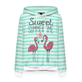 Женская толстовка 3D с принтом Sweet Summer Time в Рязани, 100% полиэстер  | двухслойный капюшон со шнурком для регулировки, мягкие манжеты на рукавах и по низу толстовки, спереди карман-кенгуру с мягким внутренним слоем. | animal | art | flamingo | love | pink | summer | sweet | time | арт | белый | бирюзовый | жара | животное | лето | любовь | матроска | полоски | рисунок | розовый | роман | сердечки | сердце | серый | фламинго | черный