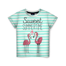 Детская футболка 3D с принтом Sweet Summer Time в Рязани, 100% гипоаллергенный полиэфир | прямой крой, круглый вырез горловины, длина до линии бедер, чуть спущенное плечо, ткань немного тянется | animal | art | flamingo | love | pink | summer | sweet | time | арт | белый | бирюзовый | жара | животное | лето | любовь | матроска | полоски | рисунок | розовый | роман | сердечки | сердце | серый | фламинго | черный