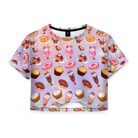 Женская футболка 3D укороченная с принтом Очень Сладкий Паттерн в Рязани, 100% полиэстер | круглая горловина, длина футболки до линии талии, рукава с отворотами | блины | вкусняшка | еда | кекс | клубника | коктейль | мороженое | панкейк | пончик | сладости