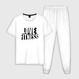 Мужская пижама хлопок с принтом Love fitness в Рязани, 100% хлопок | брюки и футболка прямого кроя, без карманов, на брюках мягкая резинка на поясе и по низу штанин
 | fitness | sport | yoga | жизни | здоровый | зож | йог | йога | кросфит | линии | надпись | образ | полосы | россии | россия | рф | сборная | символ | состязание | спорт | спортсмен | фитнес