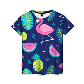 Женская футболка 3D с принтом Фламинго в Рязани, 100% полиэфир ( синтетическое хлопкоподобное полотно) | прямой крой, круглый вырез горловины, длина до линии бедер | flamingo | ананас | арбуз | летние | летняя | лето | листья | текстура | фламинго | фрукты
