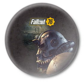 Значок с принтом Fallout 76 в Рязани,  металл | круглая форма, металлическая застежка в виде булавки | Тематика изображения на принте: fallout | fallout 76 | future | rpg | valt tec | war | wasteland | будущее | война | костюм | постапокалипсис | рпг | фалаут | фолаут | фоллаут | фолыч | ядерная пустошь