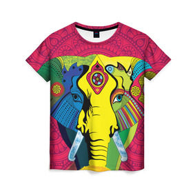 Женская футболка 3D с принтом Мама Индия. Ганеша в Рязани, 100% полиэфир ( синтетическое хлопкоподобное полотно) | прямой крой, круглый вырез горловины, длина до линии бедер | ганеша | индия | кислота | психоделика | слон | ярко