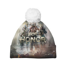 Шапка 3D c помпоном с принтом For Honor в Рязани, 100% полиэстер | универсальный размер, печать по всей поверхности изделия | and | hack | slash | викинг | за честь | игра | оружие | рыцарь | самурай | стратегия | файтинг