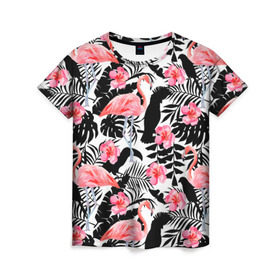 Женская футболка 3D с принтом Pattern Flamingo в Рязани, 100% полиэфир ( синтетическое хлопкоподобное полотно) | прямой крой, круглый вырез горловины, длина до линии бедер | 