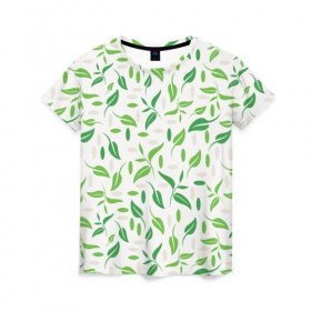 Женская футболка 3D с принтом Зеленые листья в Рязани, 100% полиэфир ( синтетическое хлопкоподобное полотно) | прямой крой, круглый вырез горловины, длина до линии бедер | 