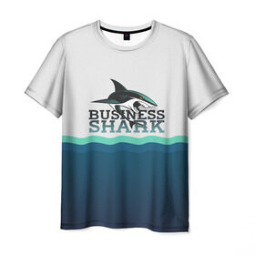 Мужская футболка 3D с принтом Бизнес-акула в Рязани, 100% полиэфир | прямой крой, круглый вырез горловины, длина до линии бедер | business | fish | letterin | sea | shark | water | акула | белый | бизнес | вектор | вода | зубы | логотип | море | надпись | оранжевый | охотник | рыба | синий | текст | тень | хищник | черный