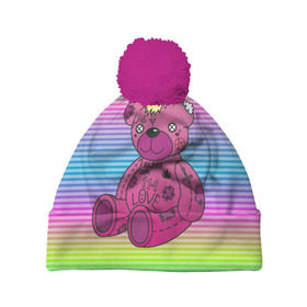 Шапка 3D c помпоном с принтом Мишка Lil Peep в Рязани, 100% полиэстер | универсальный размер, печать по всей поверхности изделия | gbc | hip hop | lil peep | love | pink | rap | лил пип | лилпип | медведь | медвежонок | мишка | реп | розовый | рэп | тату | трэп | хип хоп | эмо