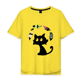 Мужская футболка хлопок Oversize с принтом Котик и перья в Рязани, 100% хлопок | свободный крой, круглый ворот, “спинка” длиннее передней части | воздушный | девушкам. детям | животное | забавный | кот | котейка | котёнок | котик | кошка | летать | милый | перо | пёрышко | чёрный кот
