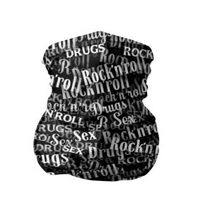 Бандана-труба 3D с принтом Sex, Drugs & Rock`n`Roll в Рязани, 100% полиэстер, ткань с особыми свойствами — Activecool | плотность 150‒180 г/м2; хорошо тянется, но сохраняет форму | Тематика изображения на принте: jack daniel’s | белый | паттерн | рок | рок н ролл | рокнролл | текст | черный