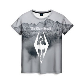 Женская футболка 3D с принтом TES V SKYRIM в Рязани, 100% полиэфир ( синтетическое хлопкоподобное полотно) | прямой крой, круглый вырез горловины, длина до линии бедер | dragon | mountain | skyrim | tes | tes 5 | the elder scrolls | горы | дракон | логотип | эмблема
