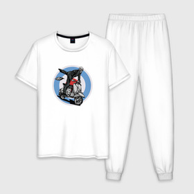 Мужская пижама хлопок с принтом Мото в Рязани, 100% хлопок | брюки и футболка прямого кроя, без карманов, на брюках мягкая резинка на поясе и по низу штанин
 | мопед | мото | мотоцикл | скелет | скутер | череп | черепа | экстрим