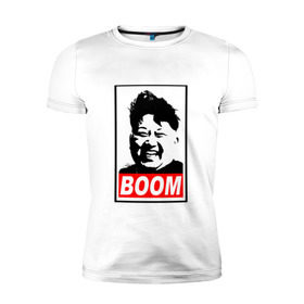 Мужская футболка премиум с принтом BOOM КИМ ЧЕН ЫН в Рязани, 92% хлопок, 8% лайкра | приталенный силуэт, круглый вырез ворота, длина до линии бедра, короткий рукав | boom | kim chen eun | mems | ким чен ын | кнр | мемы | северная корея | ядерные ракеты