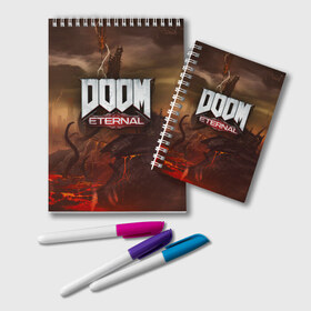 Блокнот с принтом DOOM Eternal в Рязани, 100% бумага | 48 листов, плотность листов — 60 г/м2, плотность картонной обложки — 250 г/м2. Листы скреплены удобной пружинной спиралью. Цвет линий — светло-серый
 | doom | doomguy | slayer | вечный | дум | думгай | палач рока