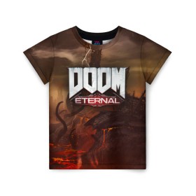 Детская футболка 3D с принтом DOOM Eternal в Рязани, 100% гипоаллергенный полиэфир | прямой крой, круглый вырез горловины, длина до линии бедер, чуть спущенное плечо, ткань немного тянется | Тематика изображения на принте: doom | doomguy | slayer | вечный | дум | думгай | палач рока