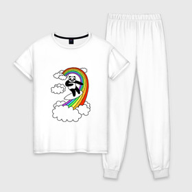 Женская пижама хлопок с принтом ПАНДА НА РАДУГЕ в Рязани, 100% хлопок | брюки и футболка прямого кроя, без карманов, на брюках мягкая резинка на поясе и по низу штанин | cloud | mem | panda | rainbow | serfing | мем | облака | панда | радуга | серфинг | юмор