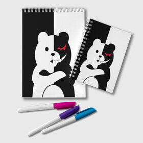 Блокнот с принтом MONOKUMA в Рязани, 100% бумага | 48 листов, плотность листов — 60 г/м2, плотность картонной обложки — 250 г/м2. Листы скреплены удобной пружинной спиралью. Цвет линий — светло-серый
 | anime | bear | black  white | minomi | monokuma | pink | rabbit | school | аниме | главарь | миноми | монокума | черно белый | школа