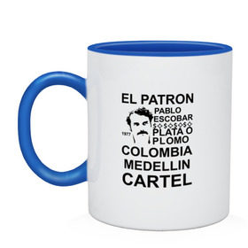 Кружка двухцветная с принтом Pablo Escobar в Рязани, керамика | объем — 330 мл, диаметр — 80 мм. Цветная ручка и кайма сверху, в некоторых цветах — вся внутренняя часть | Тематика изображения на принте: escobar | loving pablo | эскобар