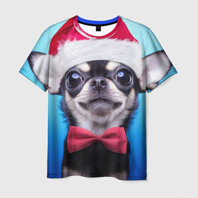 Мужская футболка 3D с принтом рождество в Рязани, 100% полиэфир | прямой крой, круглый вырез горловины, длина до линии бедер | dog | happy new year | бантик | взгляд | глаза | новый год | пинчер | праздник | санта клаус | собака | той терьер