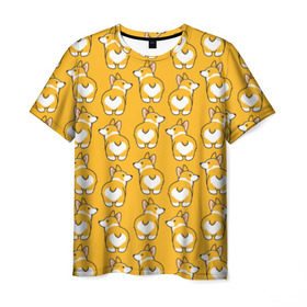 Мужская футболка 3D с принтом Корги Паттерн в Рязани, 100% полиэфир | прямой крой, круглый вырез горловины, длина до линии бедер | друг человека | мимими | оранжевый | пес | попка | собака