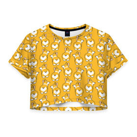 Женская футболка 3D укороченная с принтом Корги Паттерн в Рязани, 100% полиэстер | круглая горловина, длина футболки до линии талии, рукава с отворотами | друг человека | мимими | оранжевый | пес | попка | собака