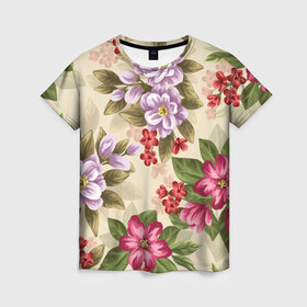 Женская футболка 3D с принтом Цветы в Рязани, 100% полиэфир ( синтетическое хлопкоподобное полотно) | прямой крой, круглый вырез горловины, длина до линии бедер | букет | георгин | гладиолус | нежный | пастель | роза | ромашка