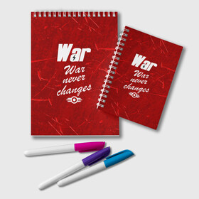 Блокнот с принтом WAR NEVER CHANGES в Рязани, 100% бумага | 48 листов, плотность листов — 60 г/м2, плотность картонной обложки — 250 г/м2. Листы скреплены удобной пружинной спиралью. Цвет линий — светло-серый
 | 101 | 111 | 76 | atom cats | bethesda | brotherhood of steel | fallout | nuka cola | outcast | tunnel snakes | vault | war | братство стали | бункер | война | убежище | фолаут | фоллаут | ядеркола