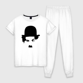 Женская пижама хлопок с принтом Чарли Чаплин в Рязани, 100% хлопок | брюки и футболка прямого кроя, без карманов, на брюках мягкая резинка на поясе и по низу штанин | глаза. котелок | знаменитость | известность | лицо | минимализм | портрет | чаплин | чарли