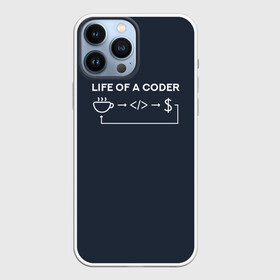 Чехол для iPhone 13 Pro Max с принтом Life of a coder в Рязани,  |  | coder | деньги | доллары | жизнь | код | кофе | программист | тыжпрограммист | цикл | язык